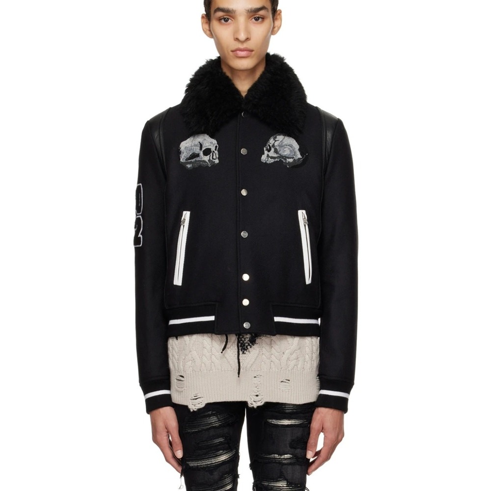 AMIRI Wes Lang Varsity Jacket Bomber Leather Skulls Size 46 NO COLLAR